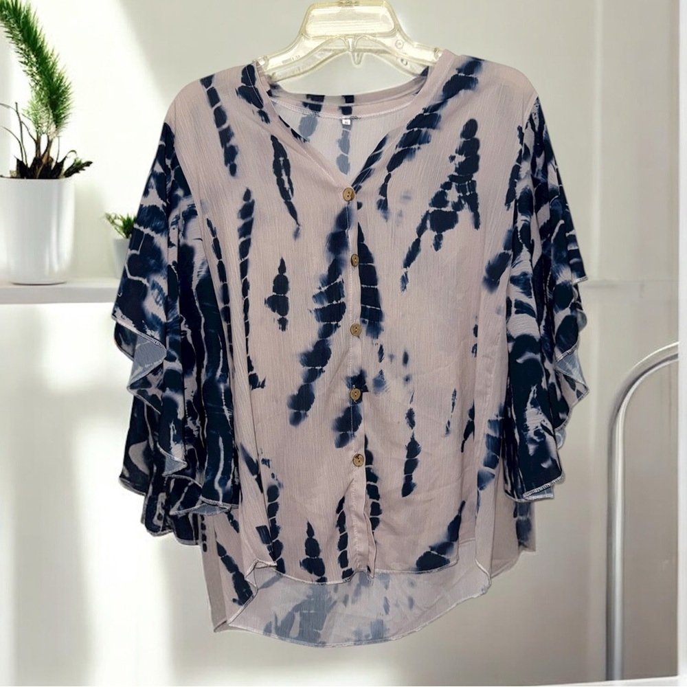 Navy and Gray Tie-Dye Women's V Neck Button Down Top with Flutter Sleeves size S